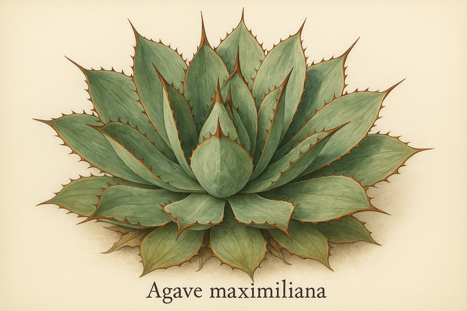 create an agave maximiliana with the writing: Agave maximiliana below it. this is commonly called "lechuguilla" s known for its wide leaves with copper-colored spines 