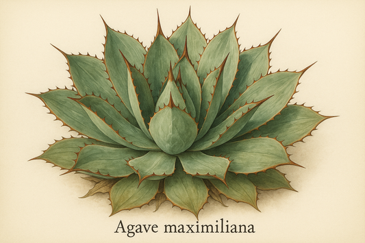 create an agave maximiliana with the writing: Agave maximiliana below it. this is commonly called "lechuguilla" s known for its wide leaves with copper-colored spines 